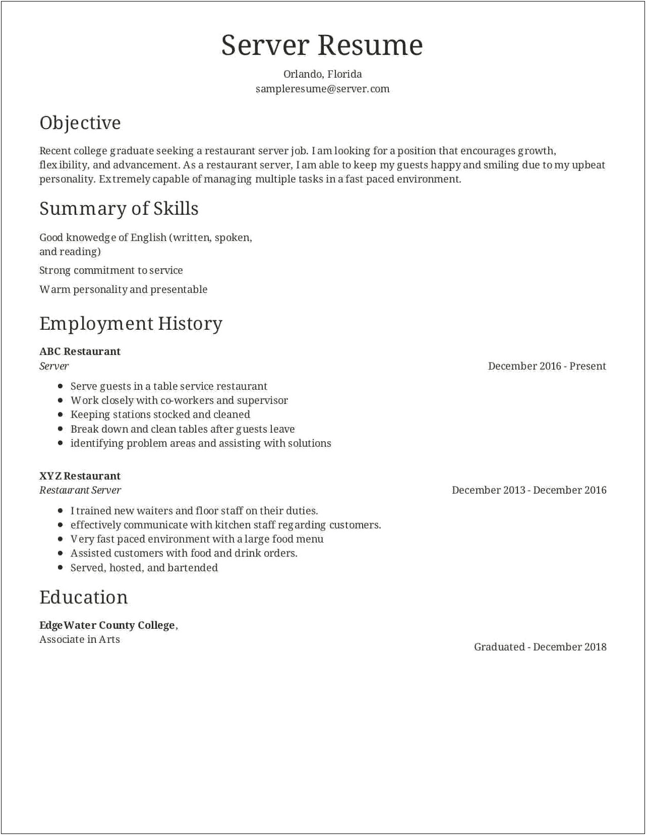 Fast Food Worker Objective Resume