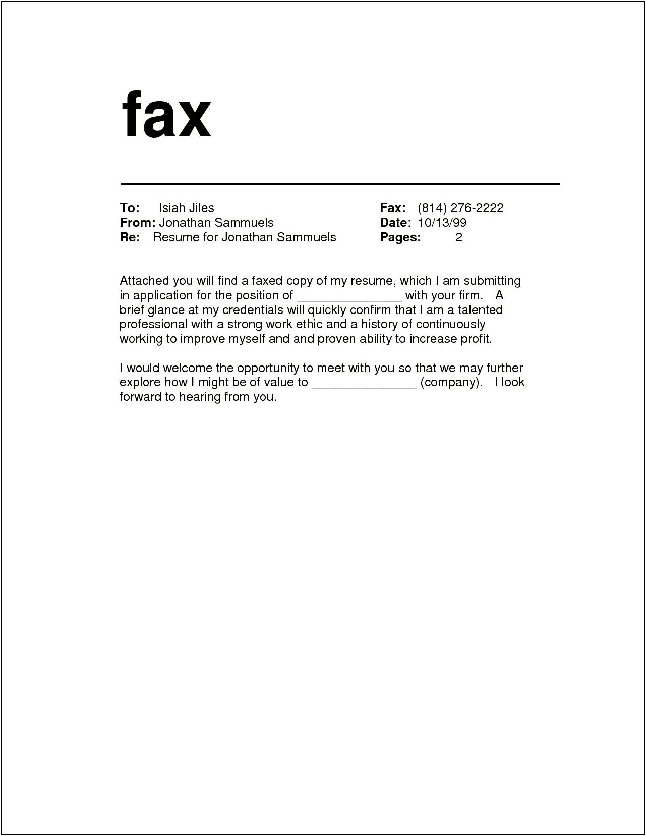 Fax Cover Letter For Sending Resume