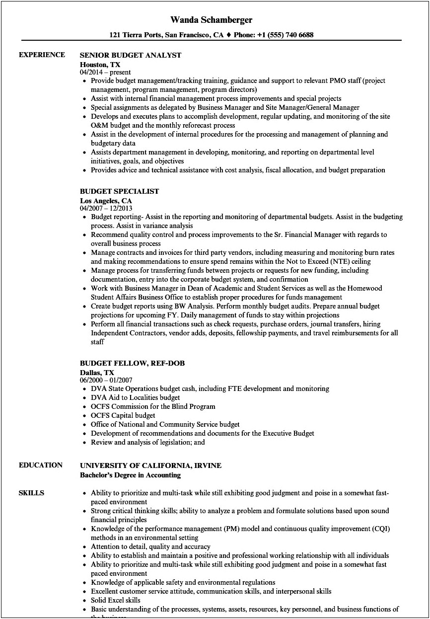 Federal Budget Analyst Resume Sample