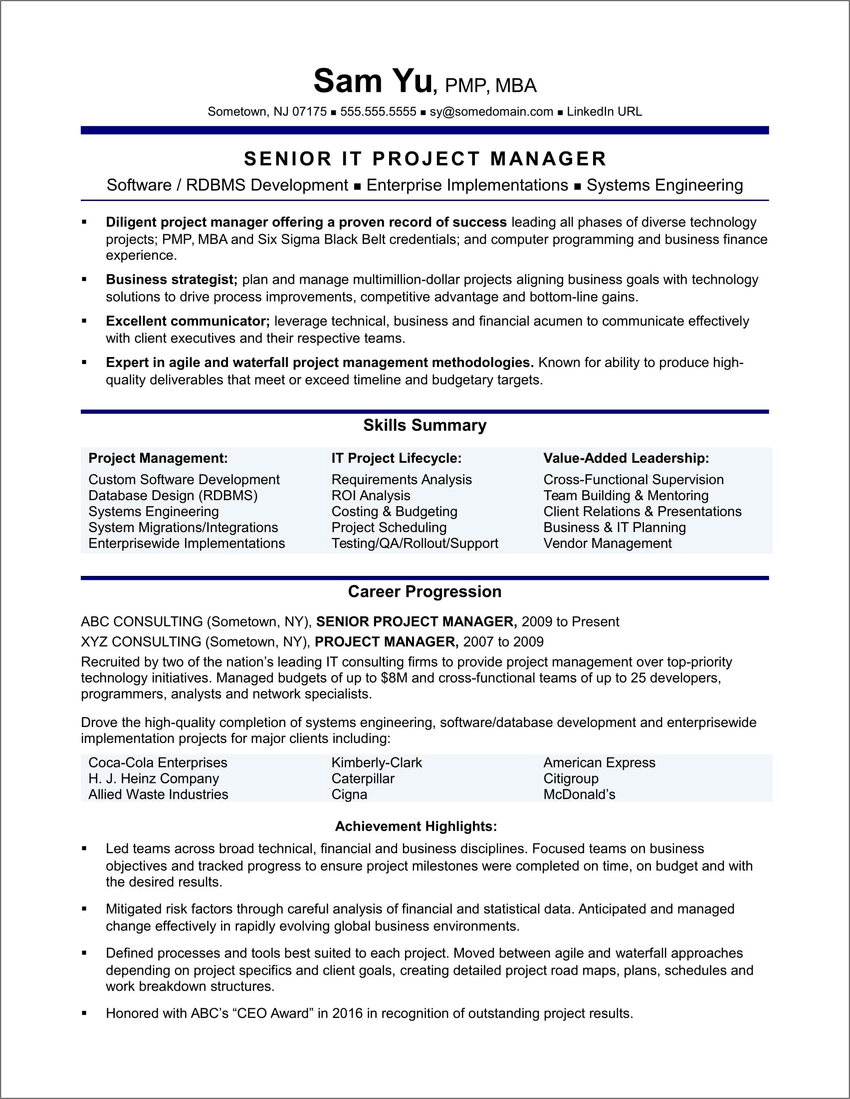 Federal Project Manager Resume Sample