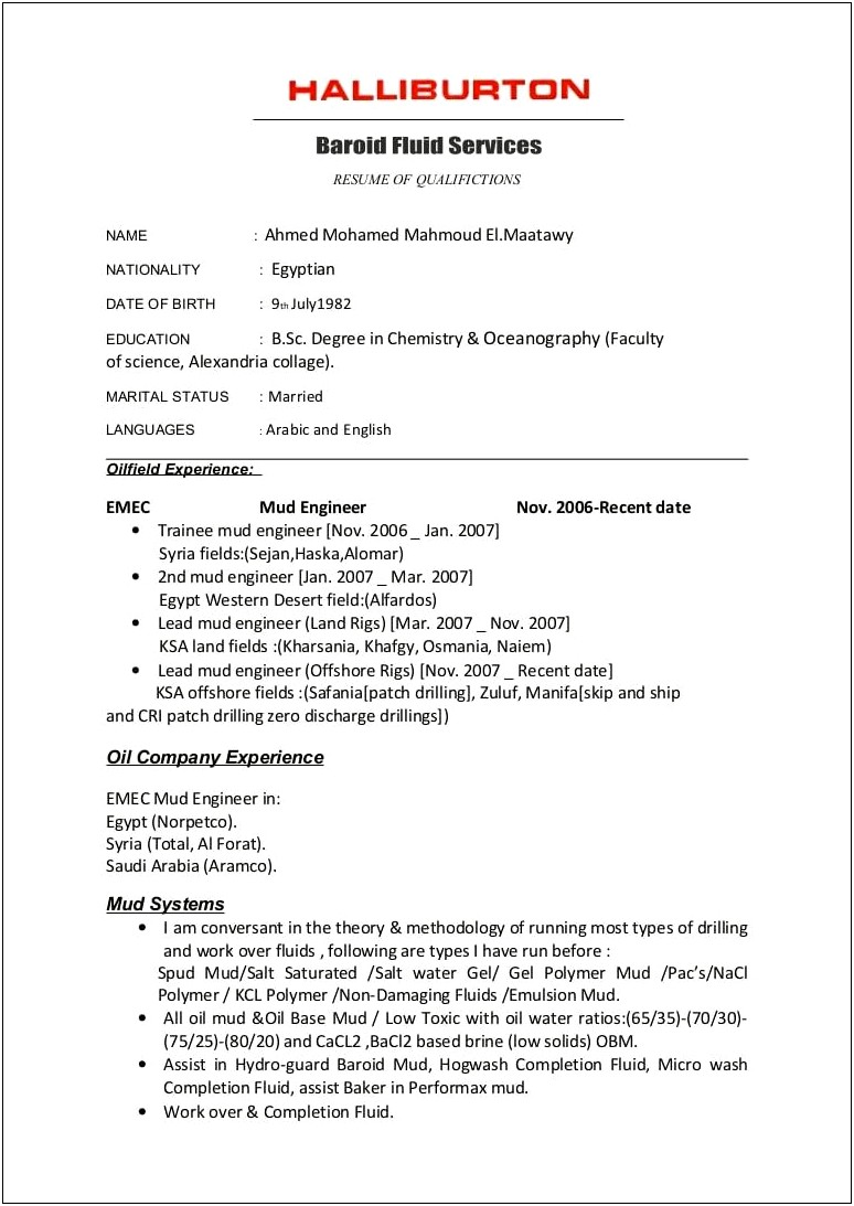 Field Engineer Job Description Resume Halliburton