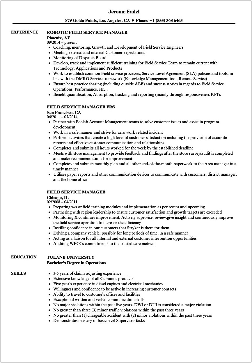 Field Manager Job Description For Resume