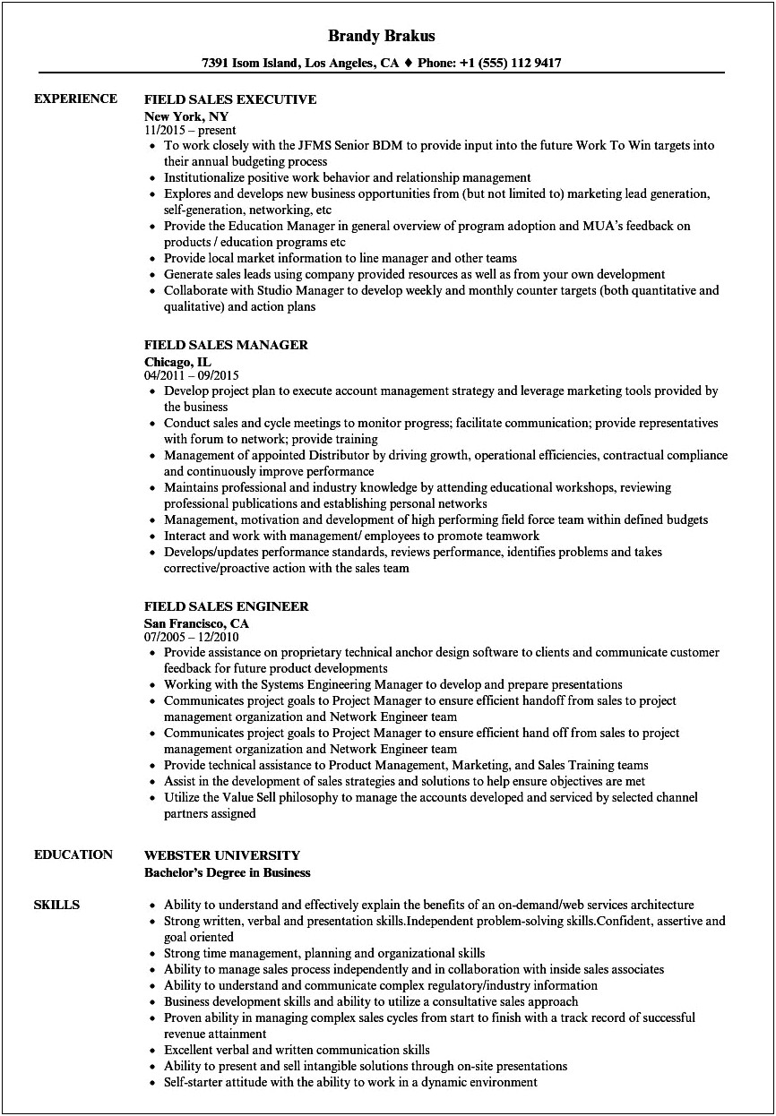 Field Sales Manager Resume Sample