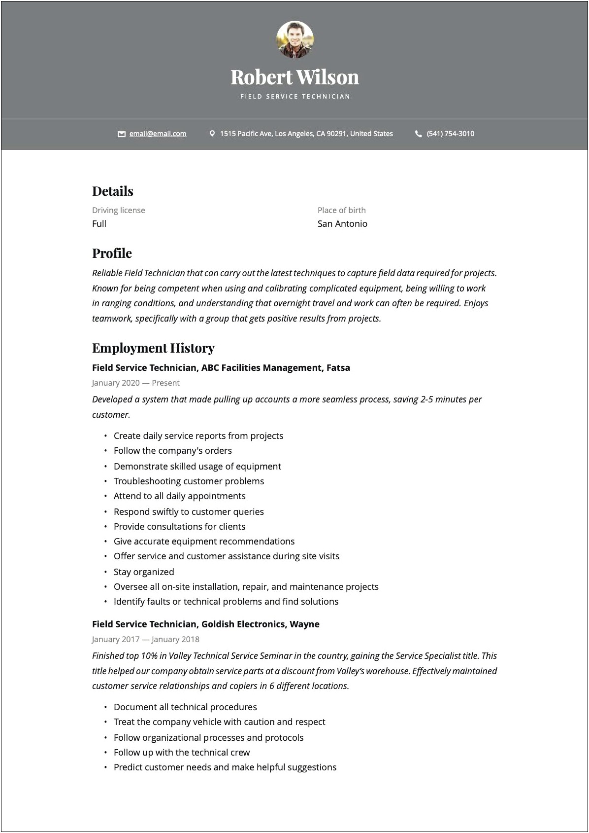 Field Service Technician Job Description Resume
