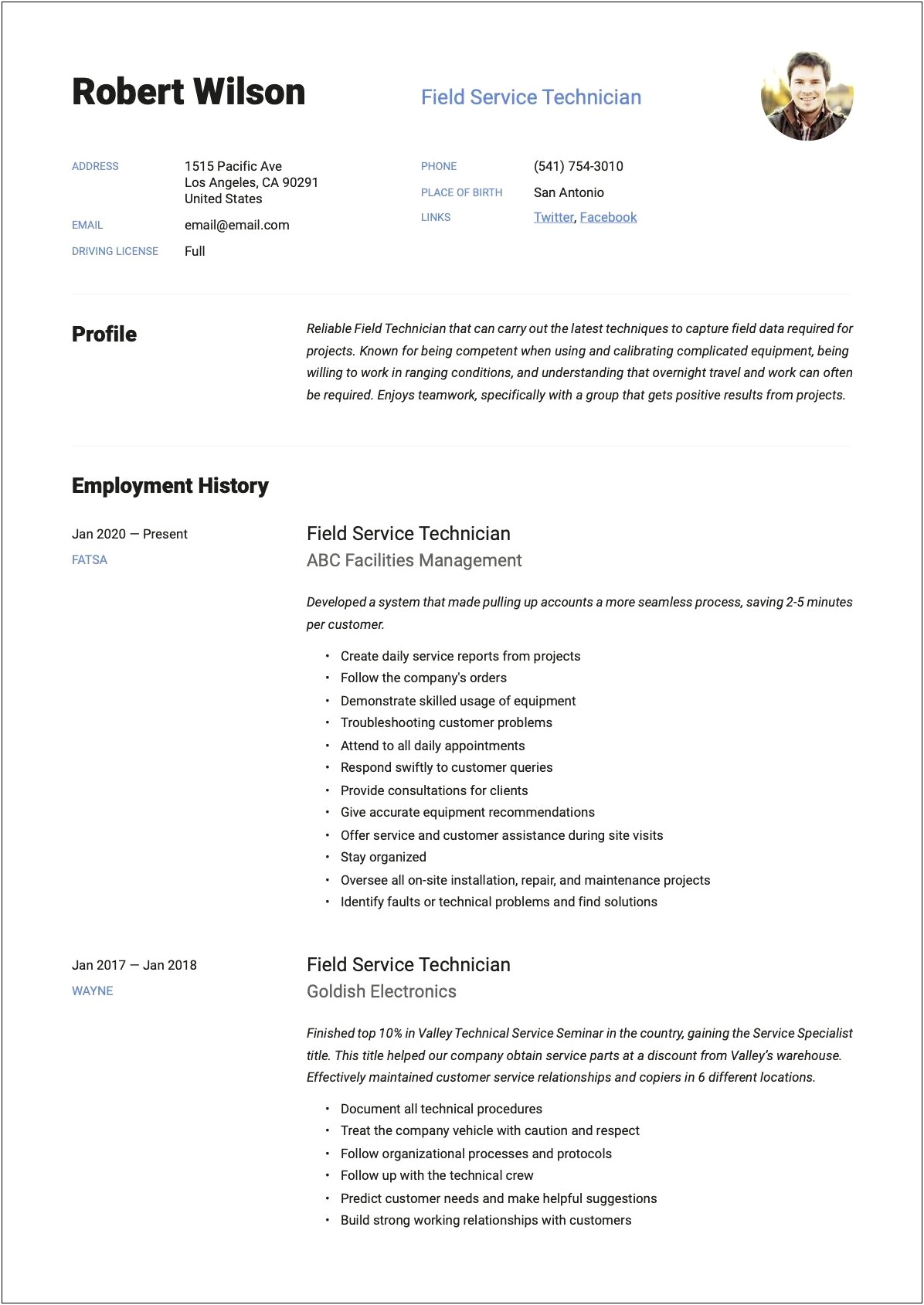 Field Service Technician Mechanic Sample Resume