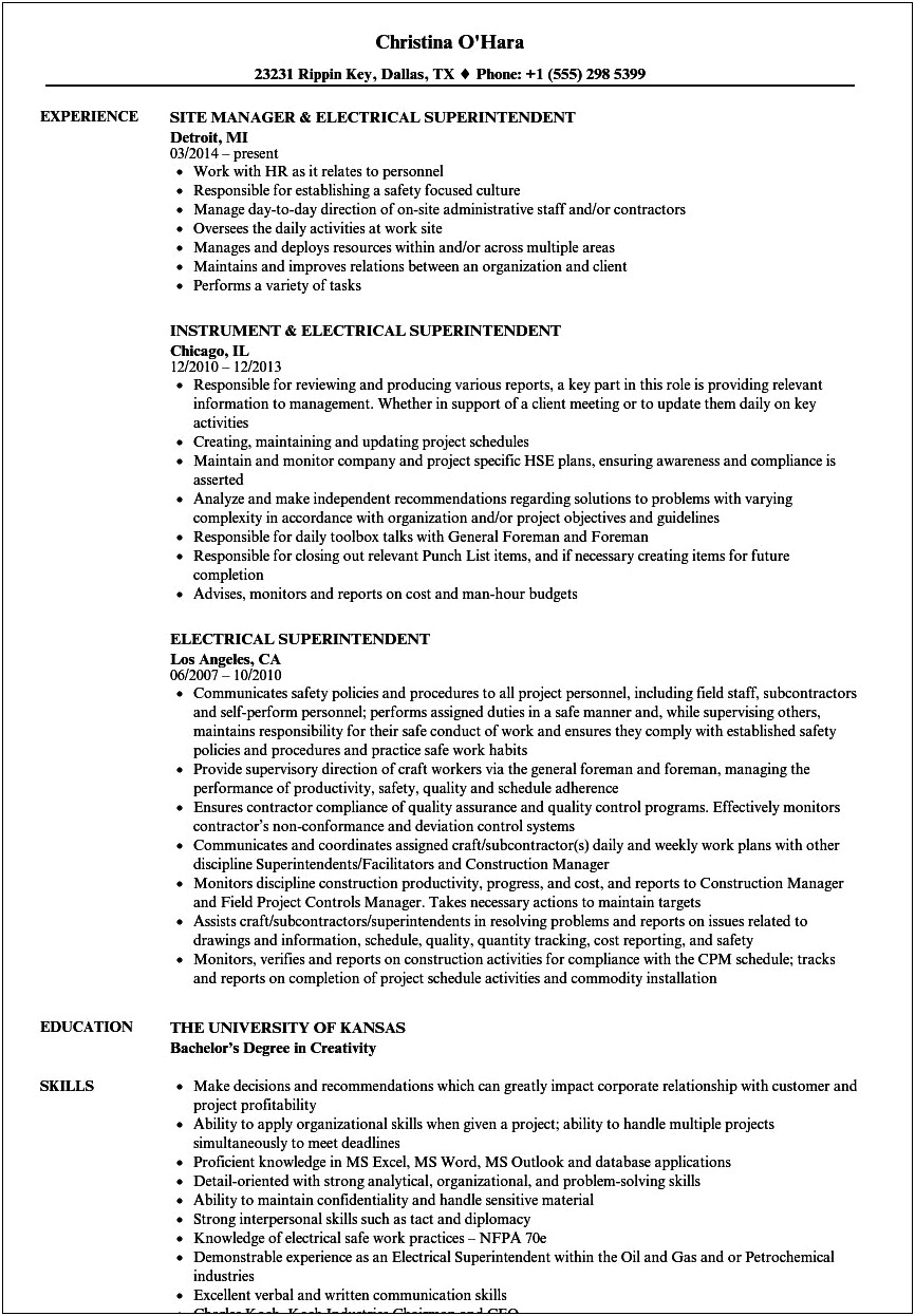 Field Superintendent Job Sample Resume