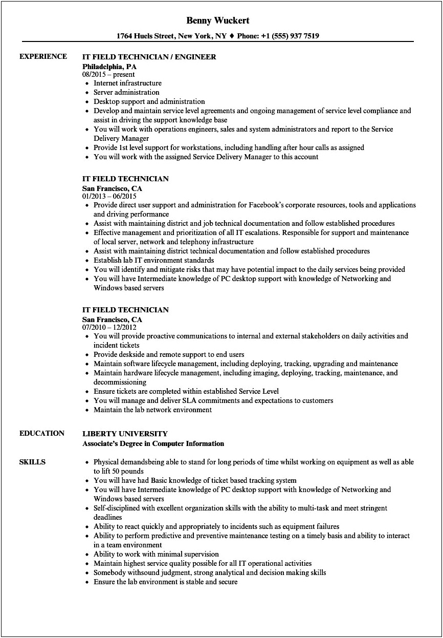Field Technician Job Description For Resume