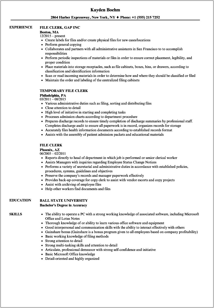 Filing Job Description For Resume