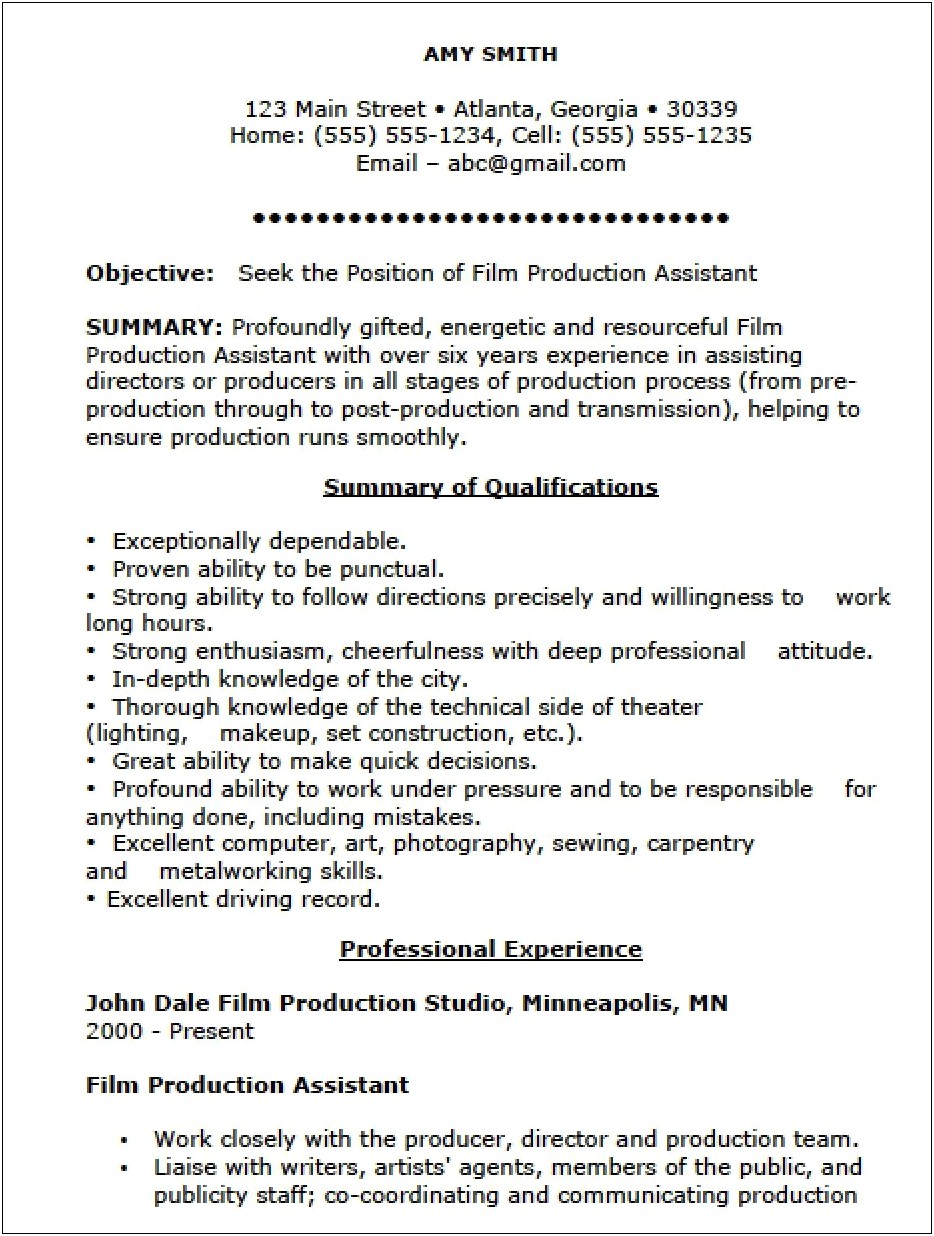 Film Producers Objective On Resumes