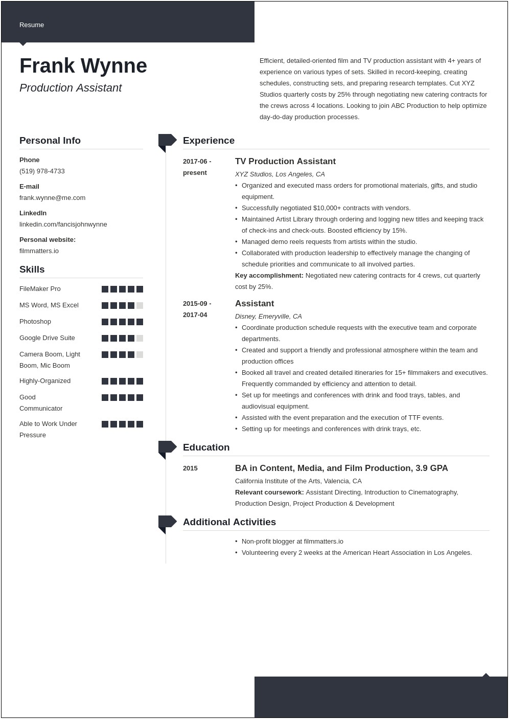 Film Production Assistant Resume Examples