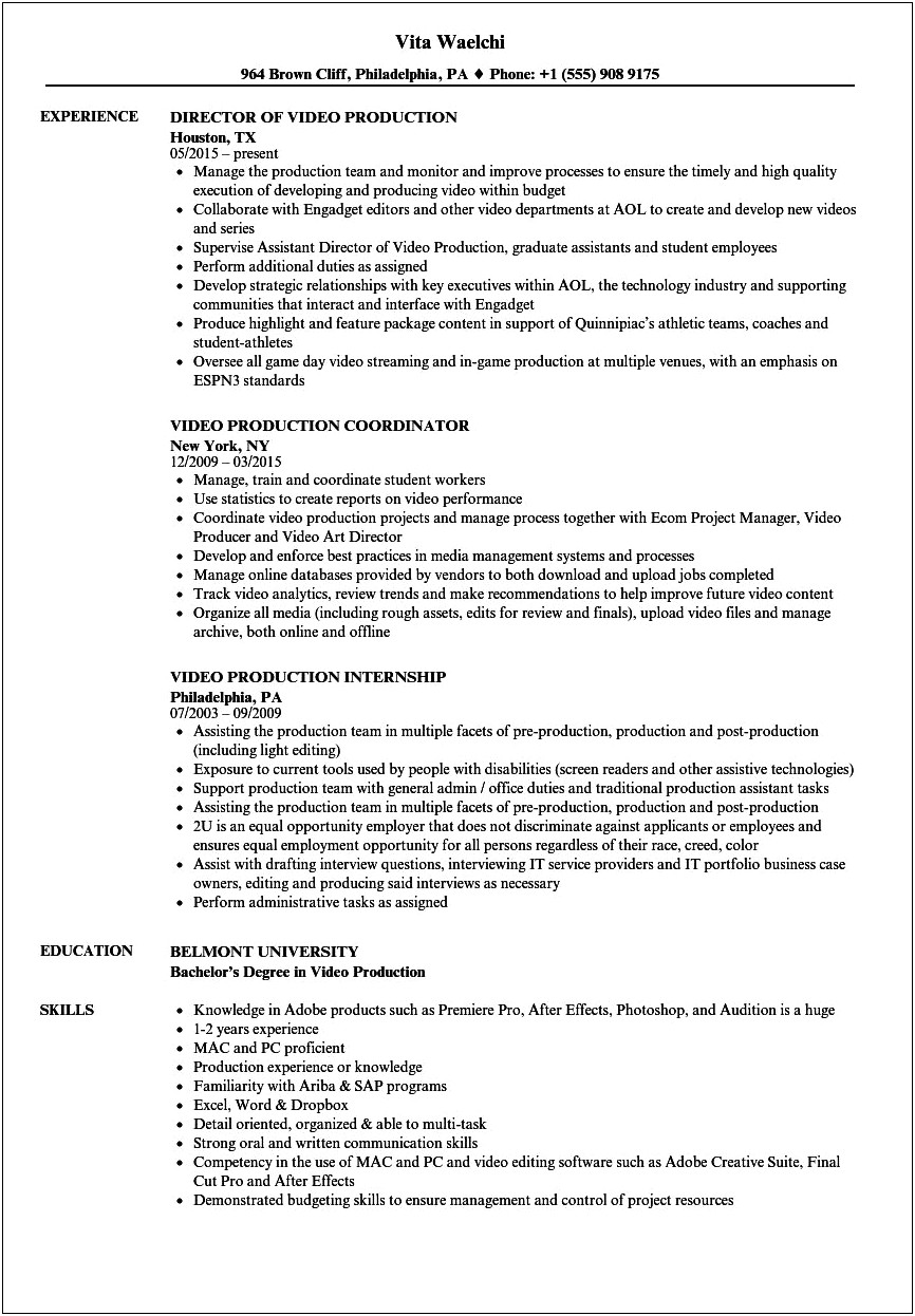 Film Production Entry Level Resume Example