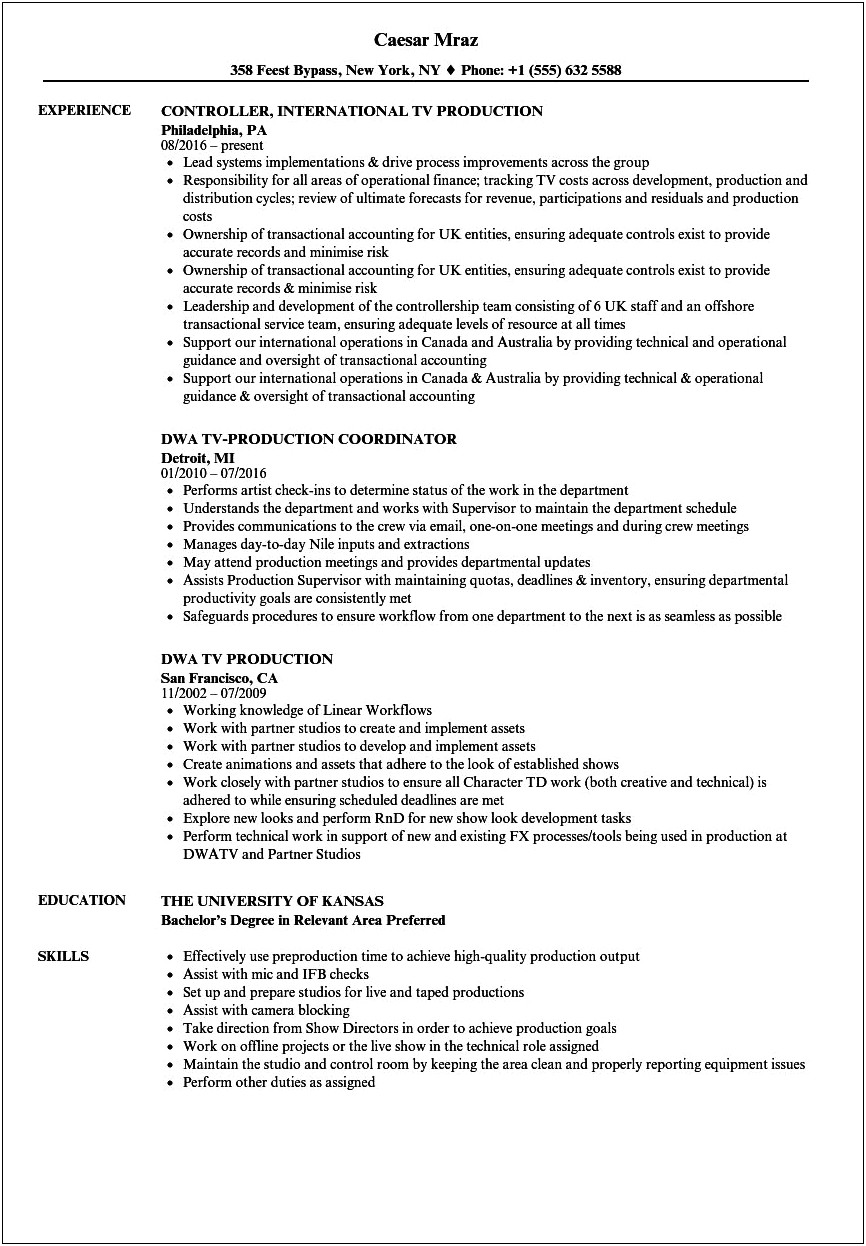 Film Production Resume Objective Samples