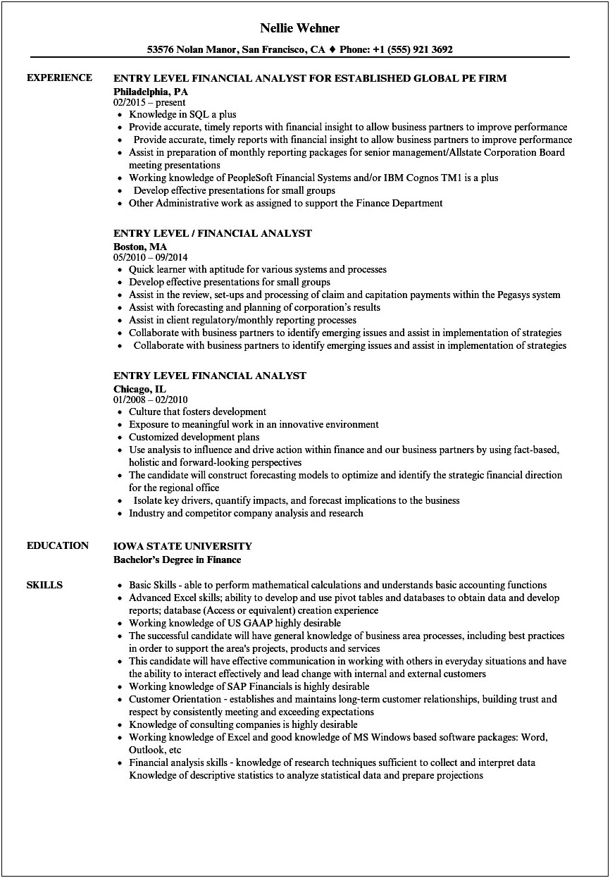 Finance Analyst With Farmers Market Sample Resume
