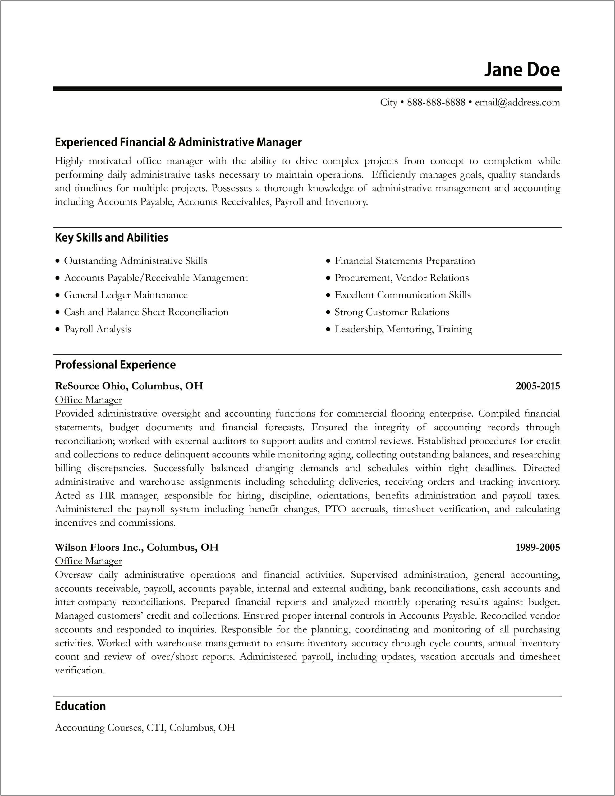 Finance And Accounting Manager Resume