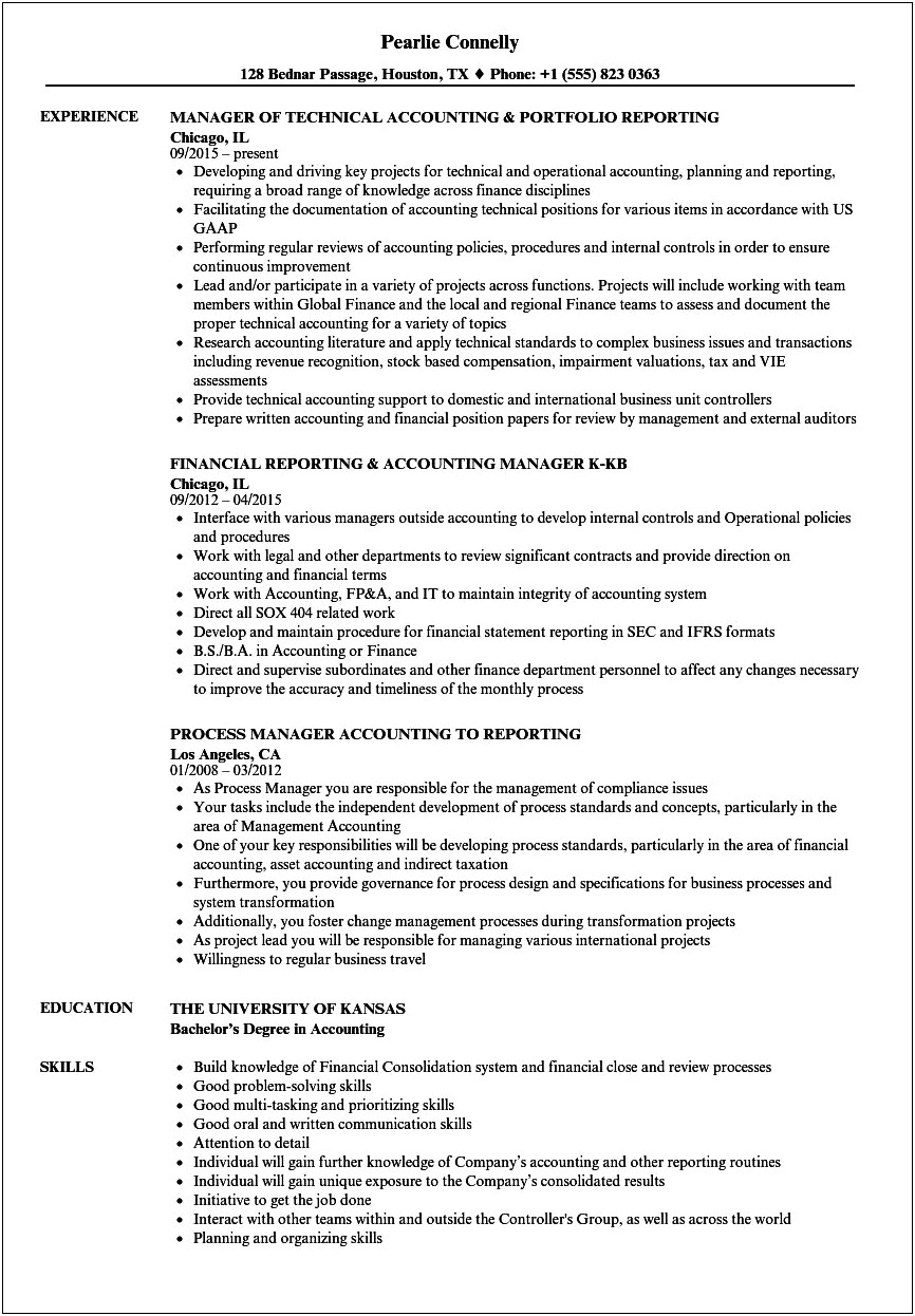 Finance And Accounting Manager Sample Resume