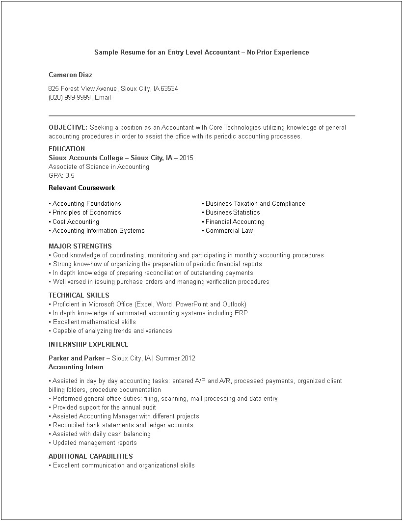 Finance And Accounting Resume Without Summary