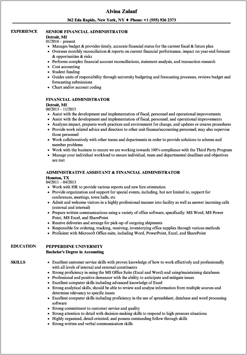 Finance And Administration Manager Resume