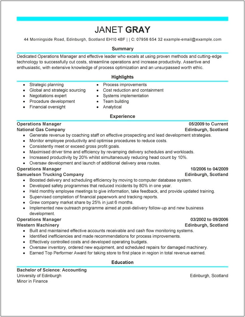 Finance And Operations Manager Resume