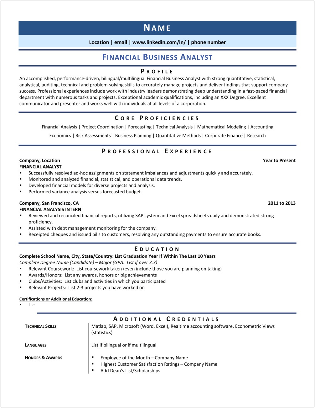 Finance Business Analyst Resume Sample