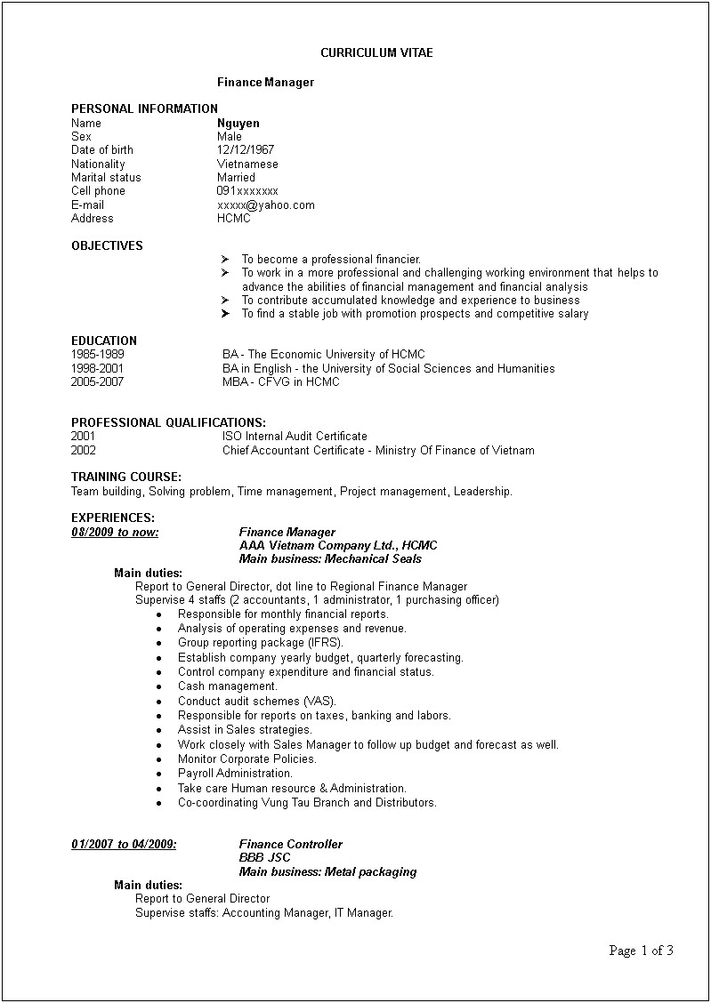 Finance Manager Job Description For Resume