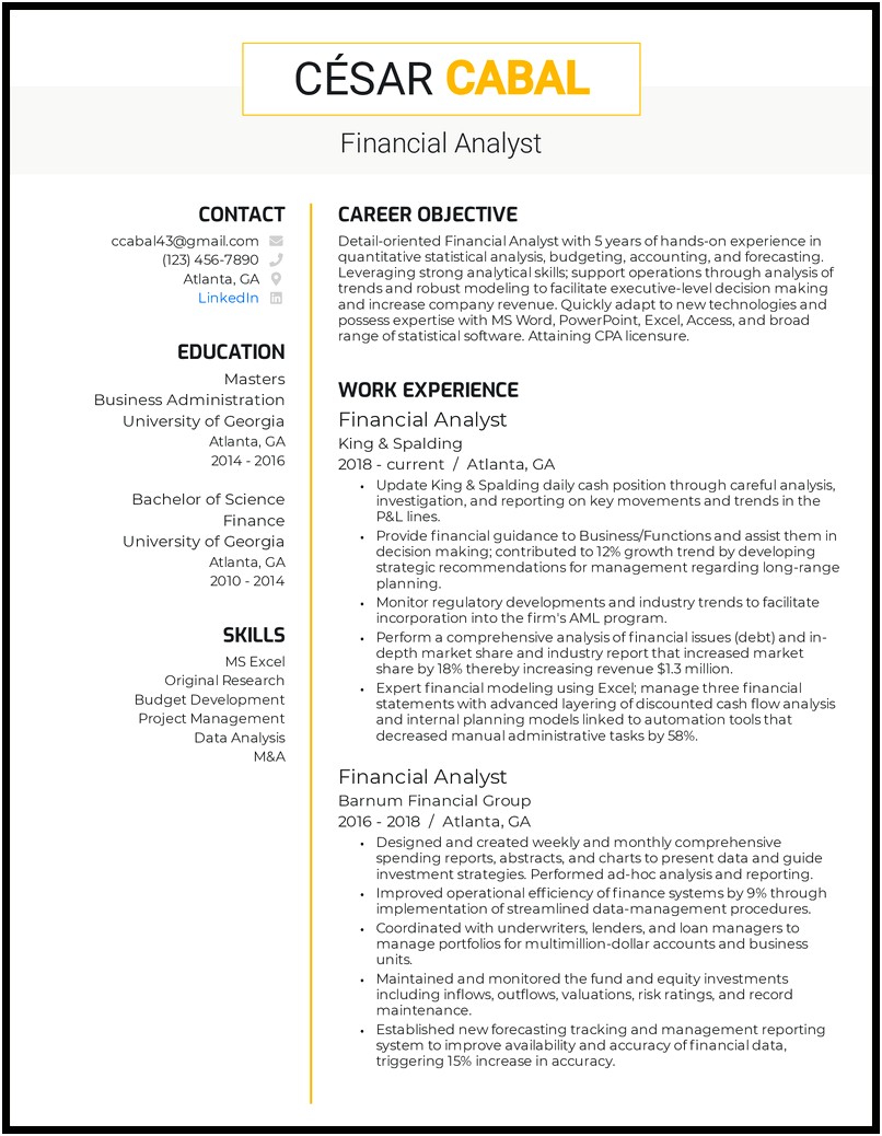 Finance Masters Degree Objective Resume