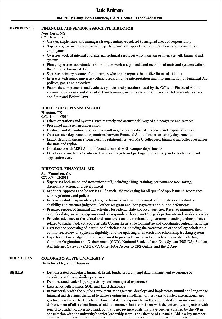 Financial Aid Counselor Resume Sample