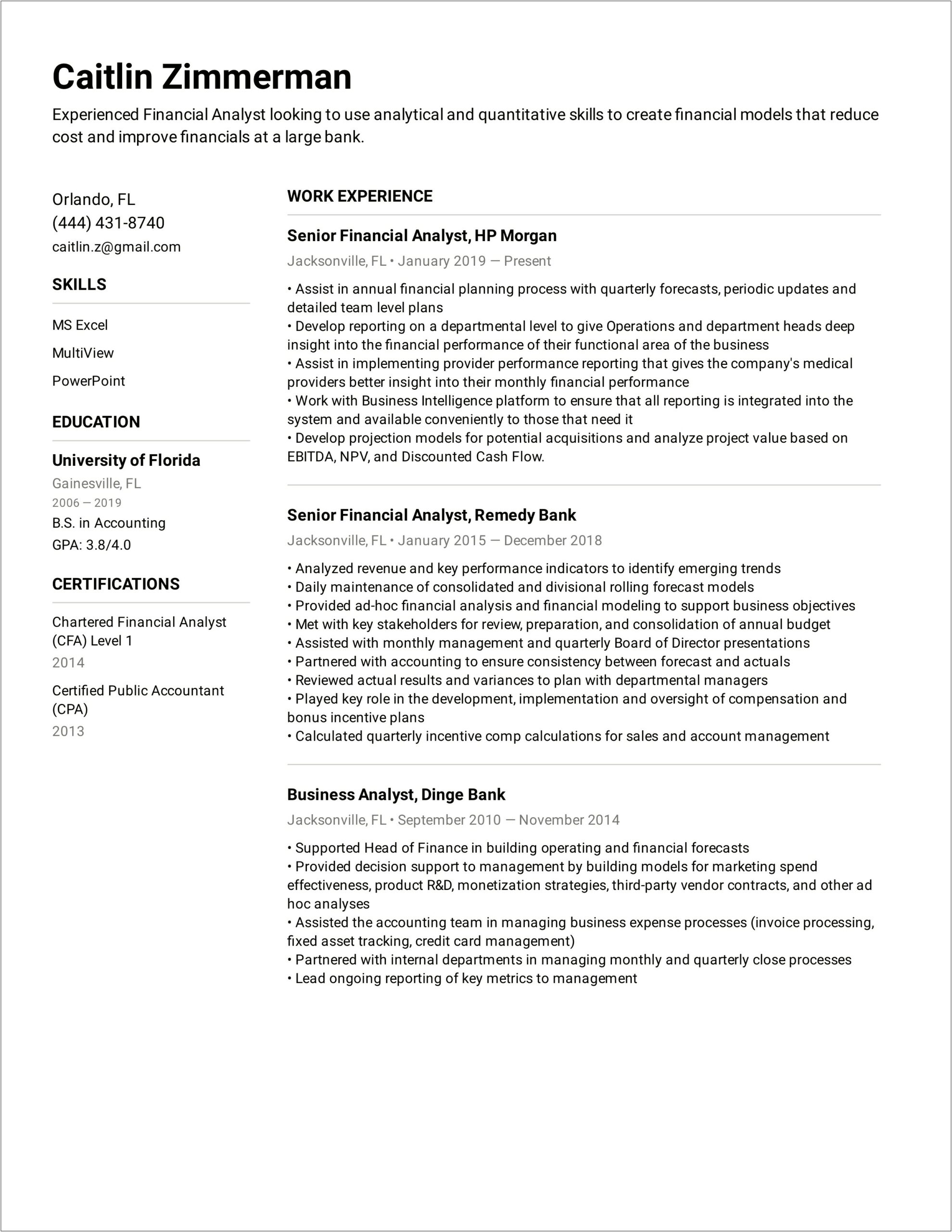 Financial Analyst At Marketing Agency Resume Sample