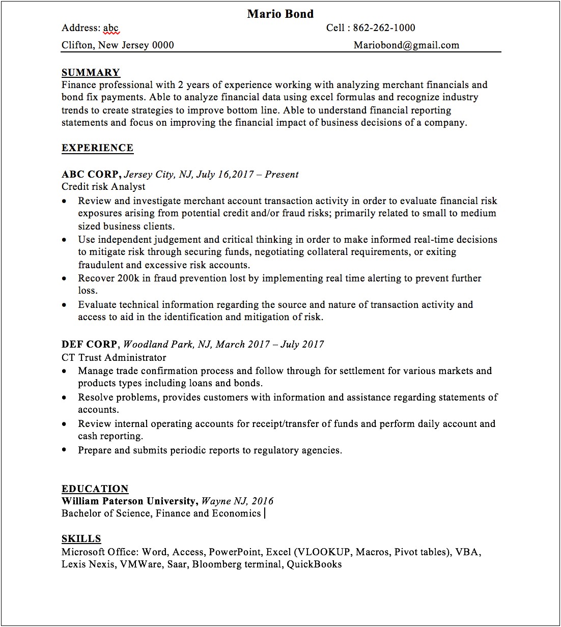 Financial Analyst Job Profile Resume