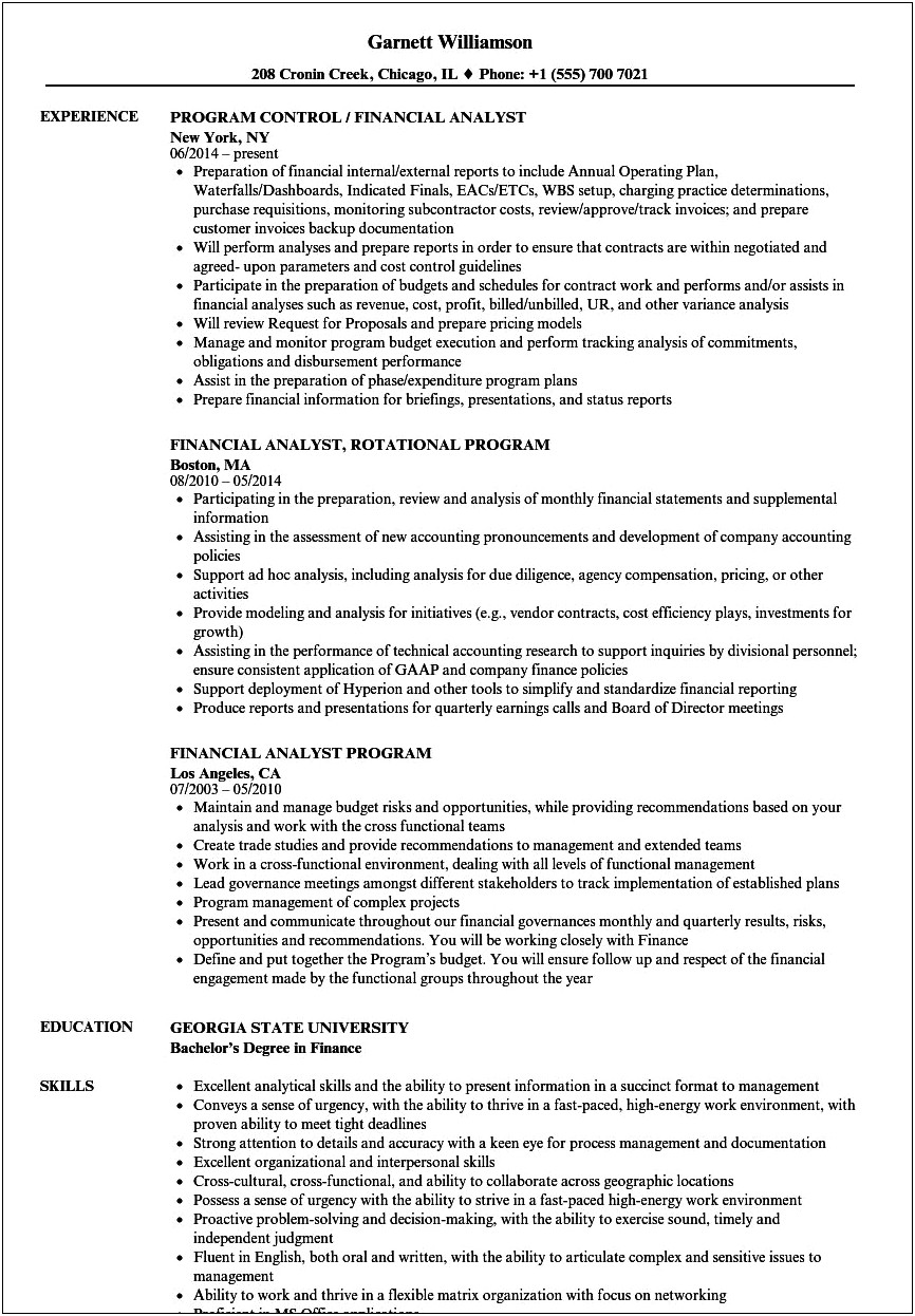 Financial Analyst Resume With Ms Office Suit Experience