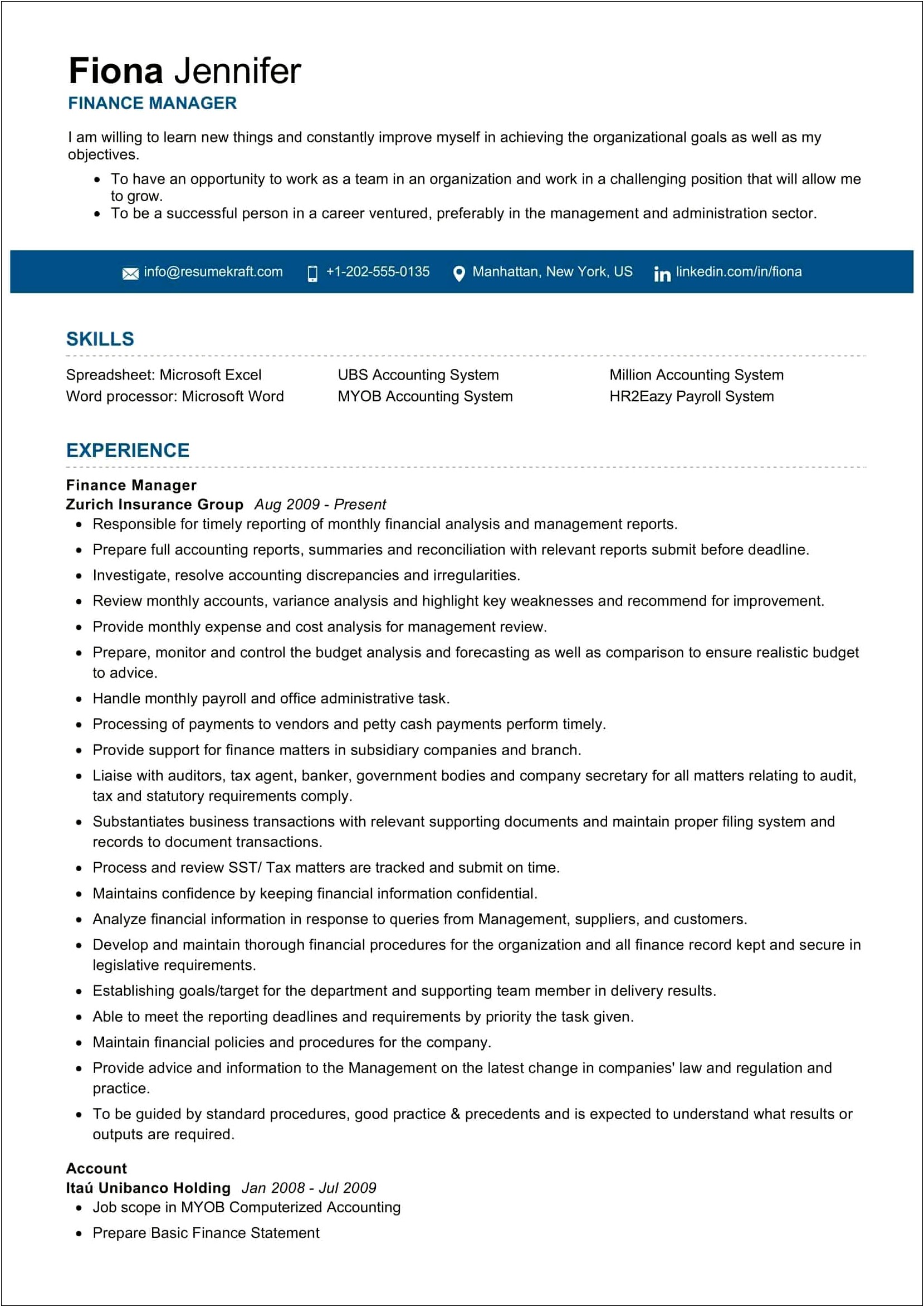 Financial And Planning Manager Resume
