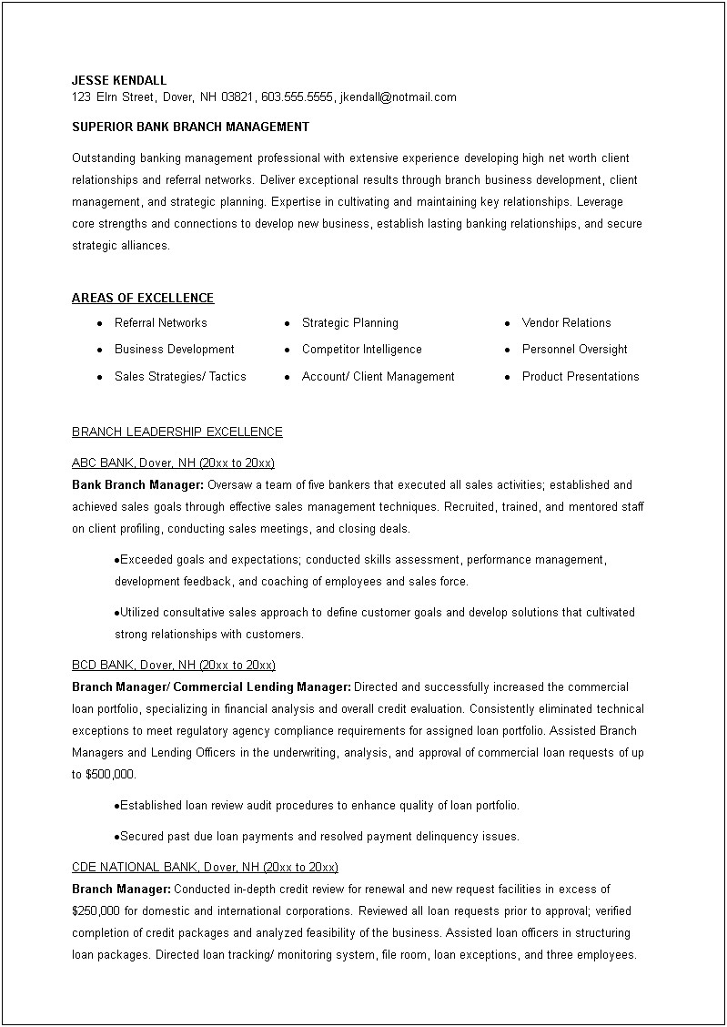Financial Center Assistant Branch Manager Resume
