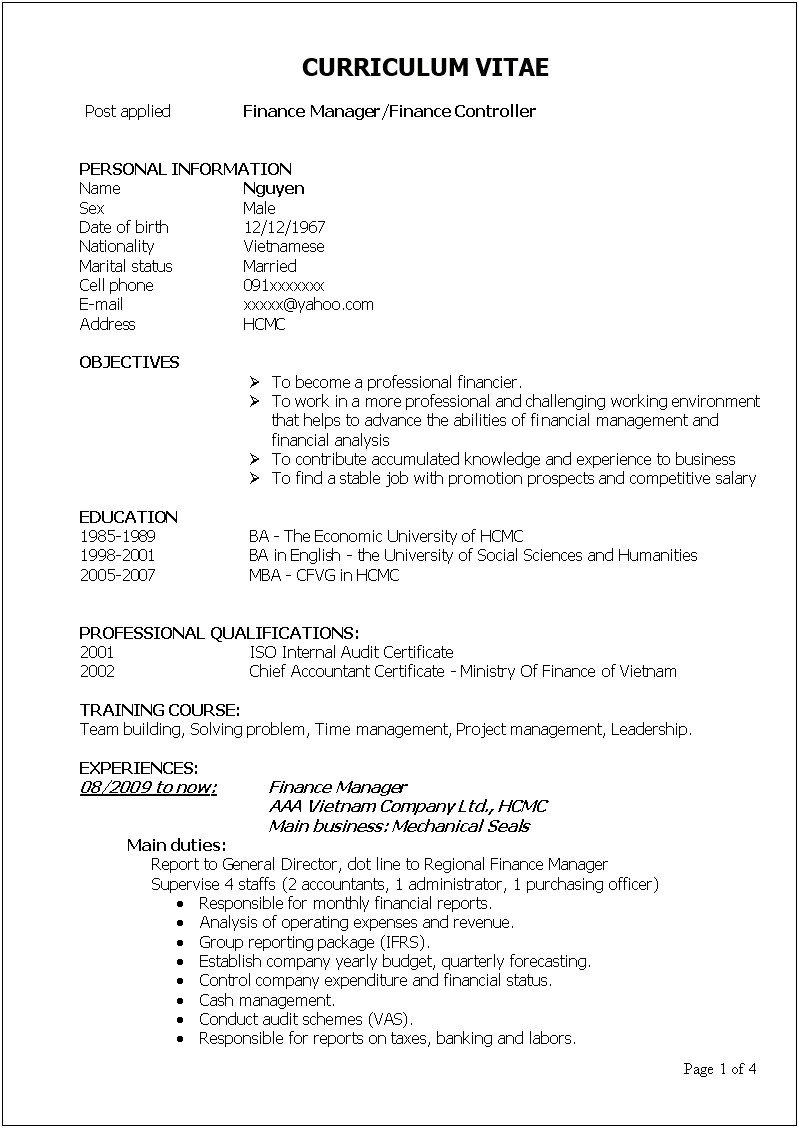 Financial Manager Job Description Resume