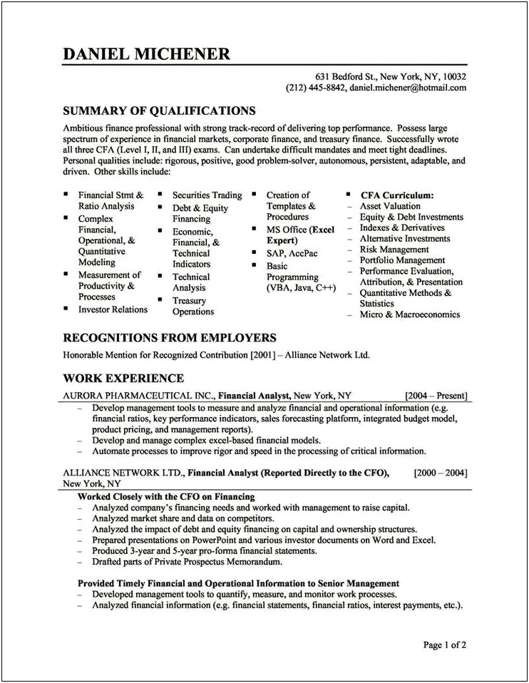 Financial Modeling Examples In Resumes