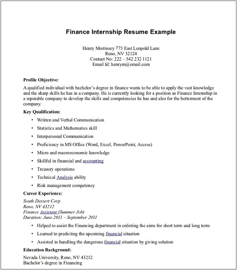 Financial Objectives Examples For Resume