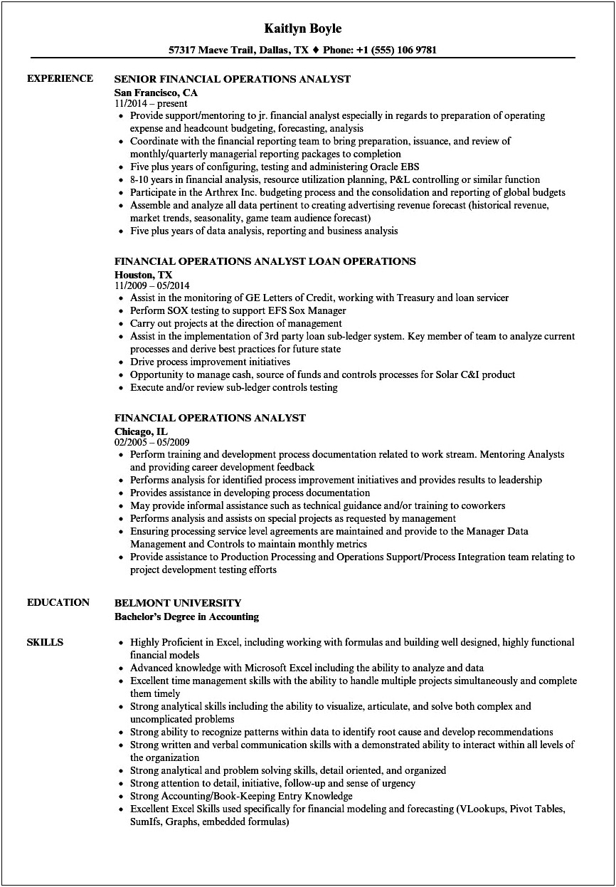 Financial Operations Analyst Resume Sample