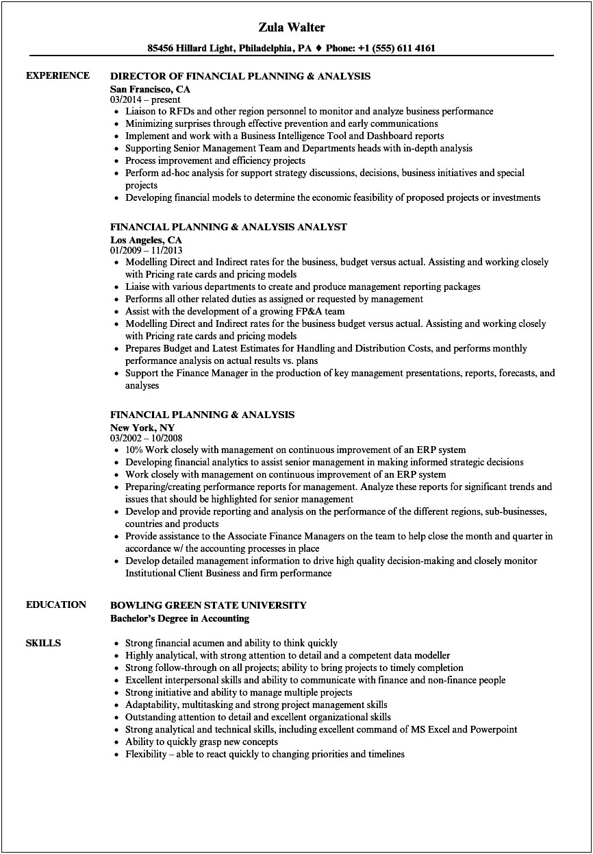 Financial Planning & Analysis Manager Resume