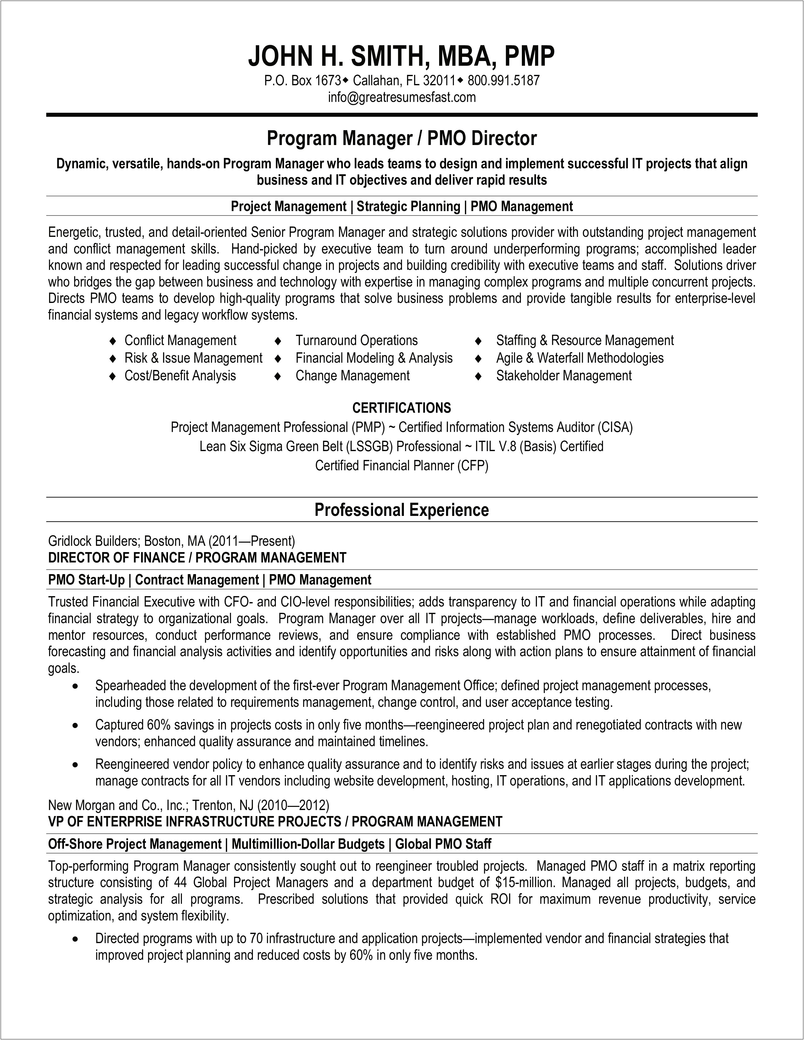 Financial Project Management Resume Sample