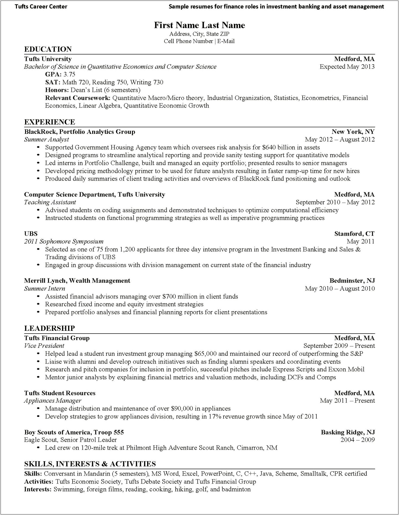 Financial Resume Skills And Interests