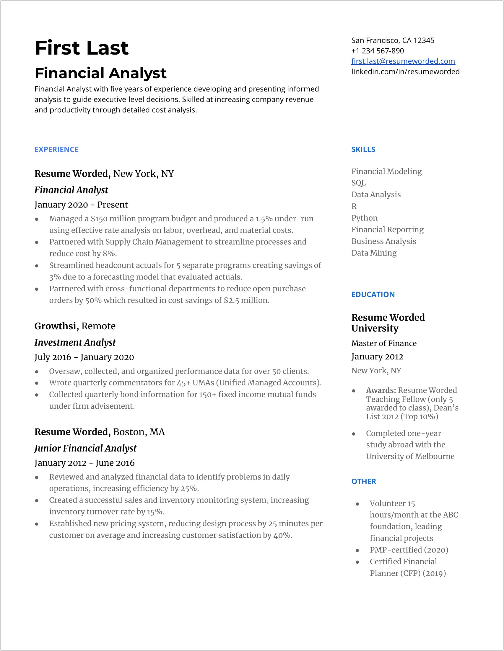 Financial Risk Analyst Sample Resume