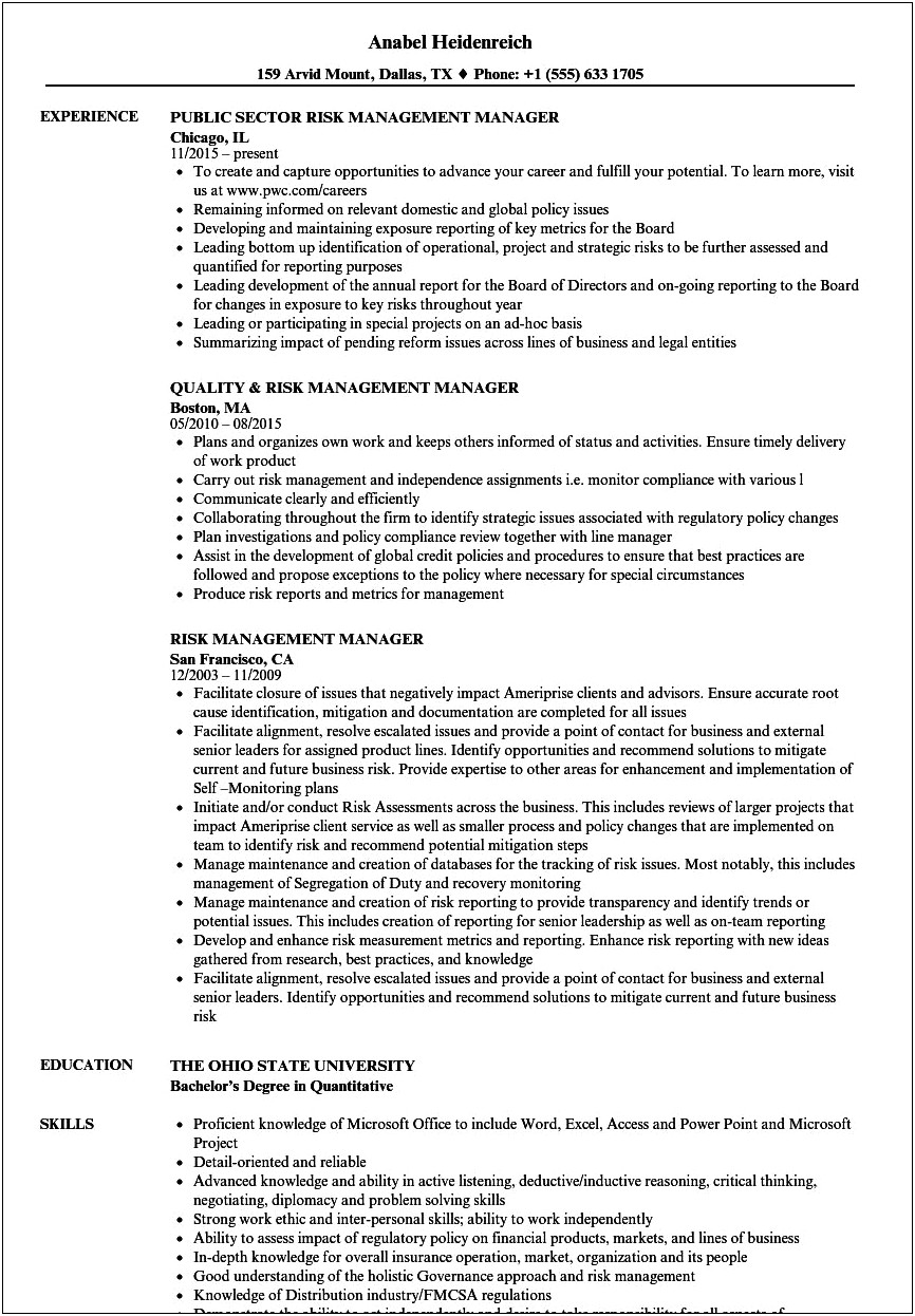 Financial Risk Management Job Description Resume