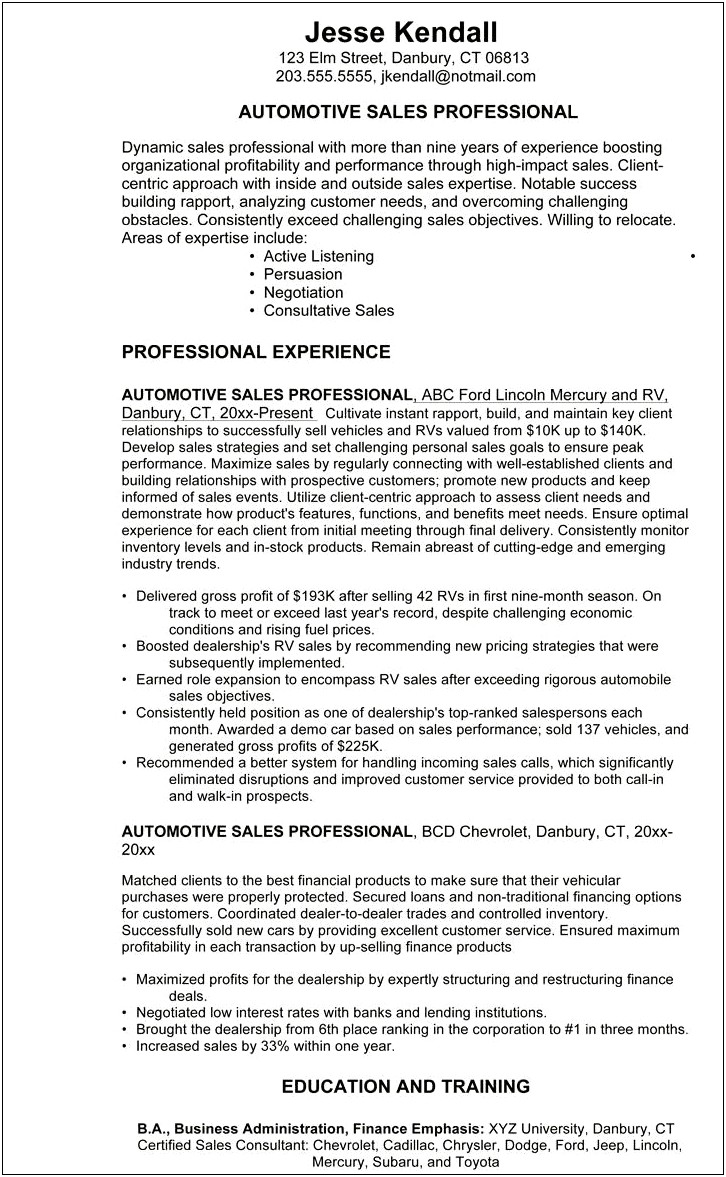 Financial Sales Consultant Resume Sample