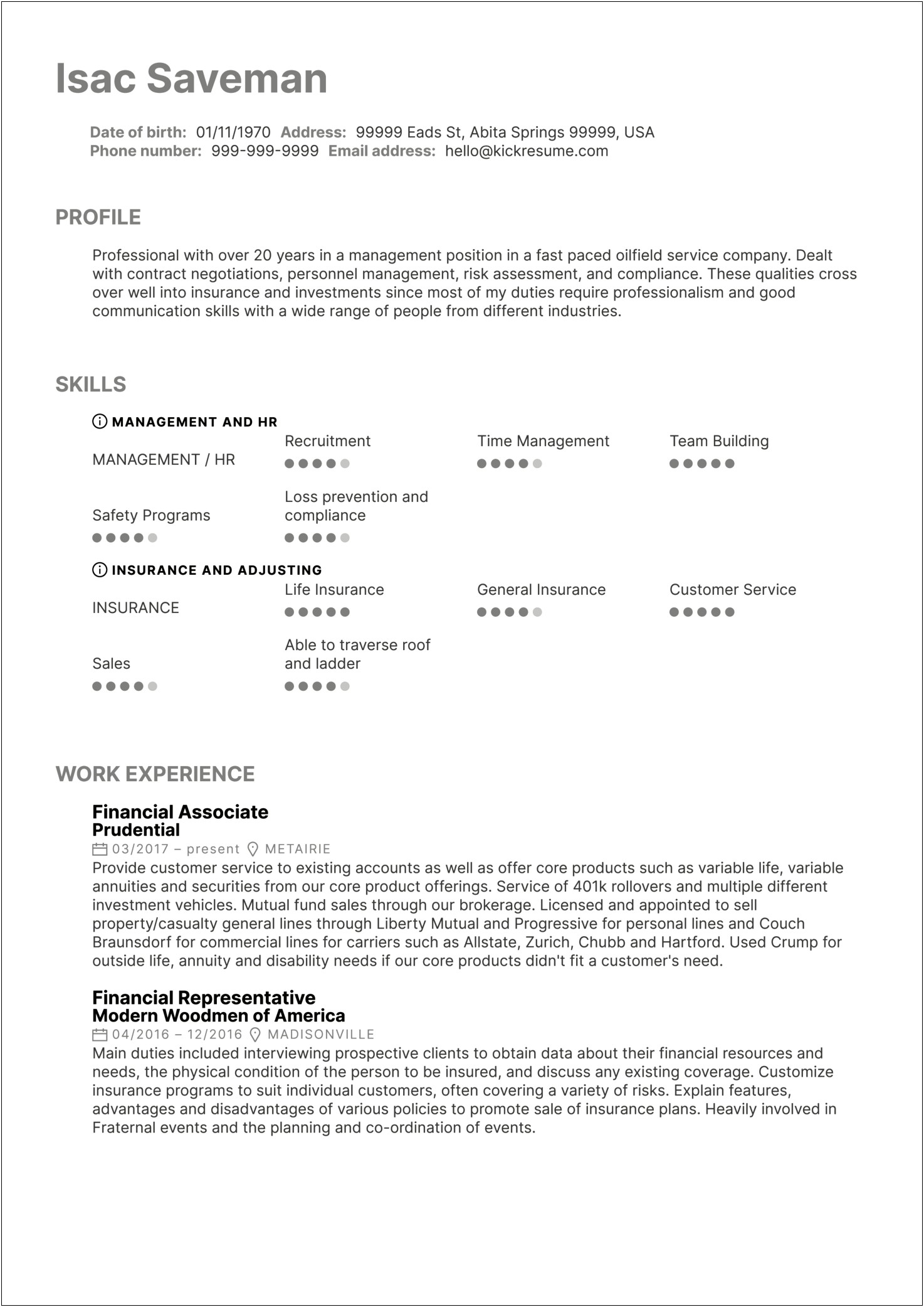 Financial Services Experience Resume Samples