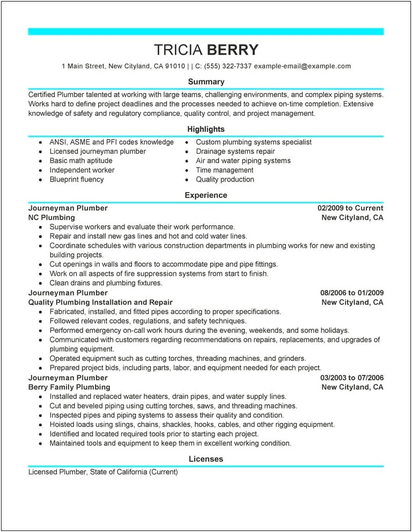Find Resume Looking For Plumbing Job