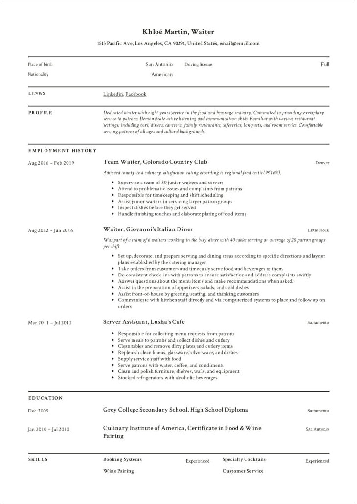 Fine Dining Server Resume Examples
