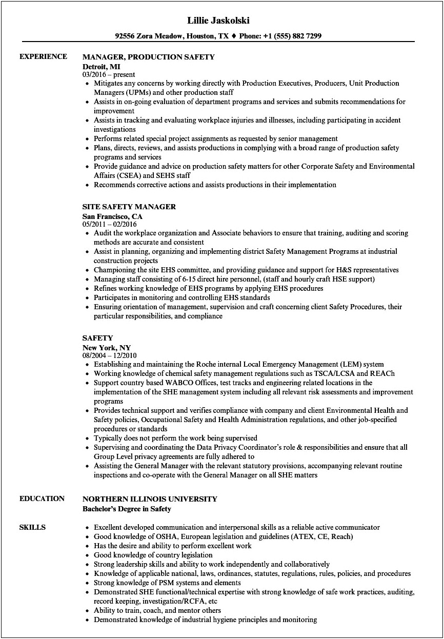 Fire And Safety Job Resume
