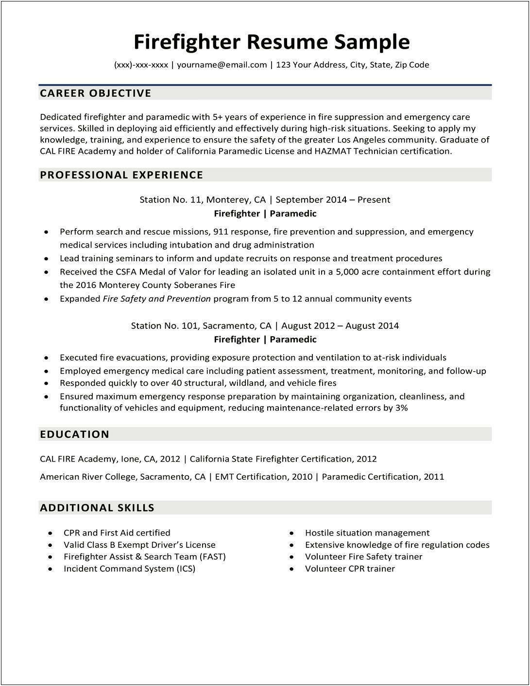 Fire And Safety Resume Sample
