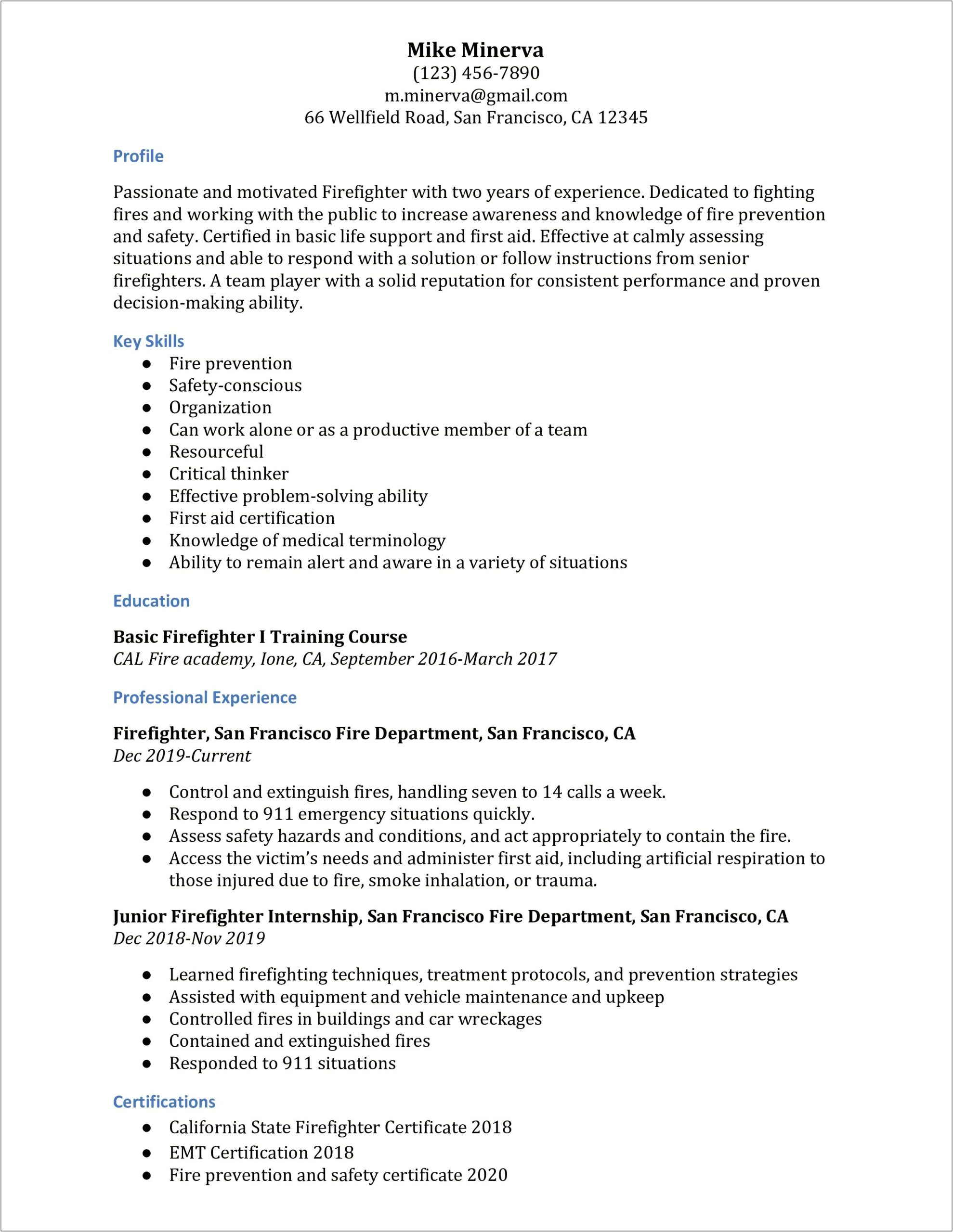 Firefighter Resume Examples Entry Level