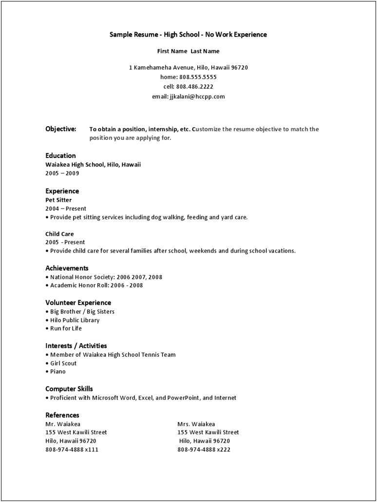 First Resume High School Student Example