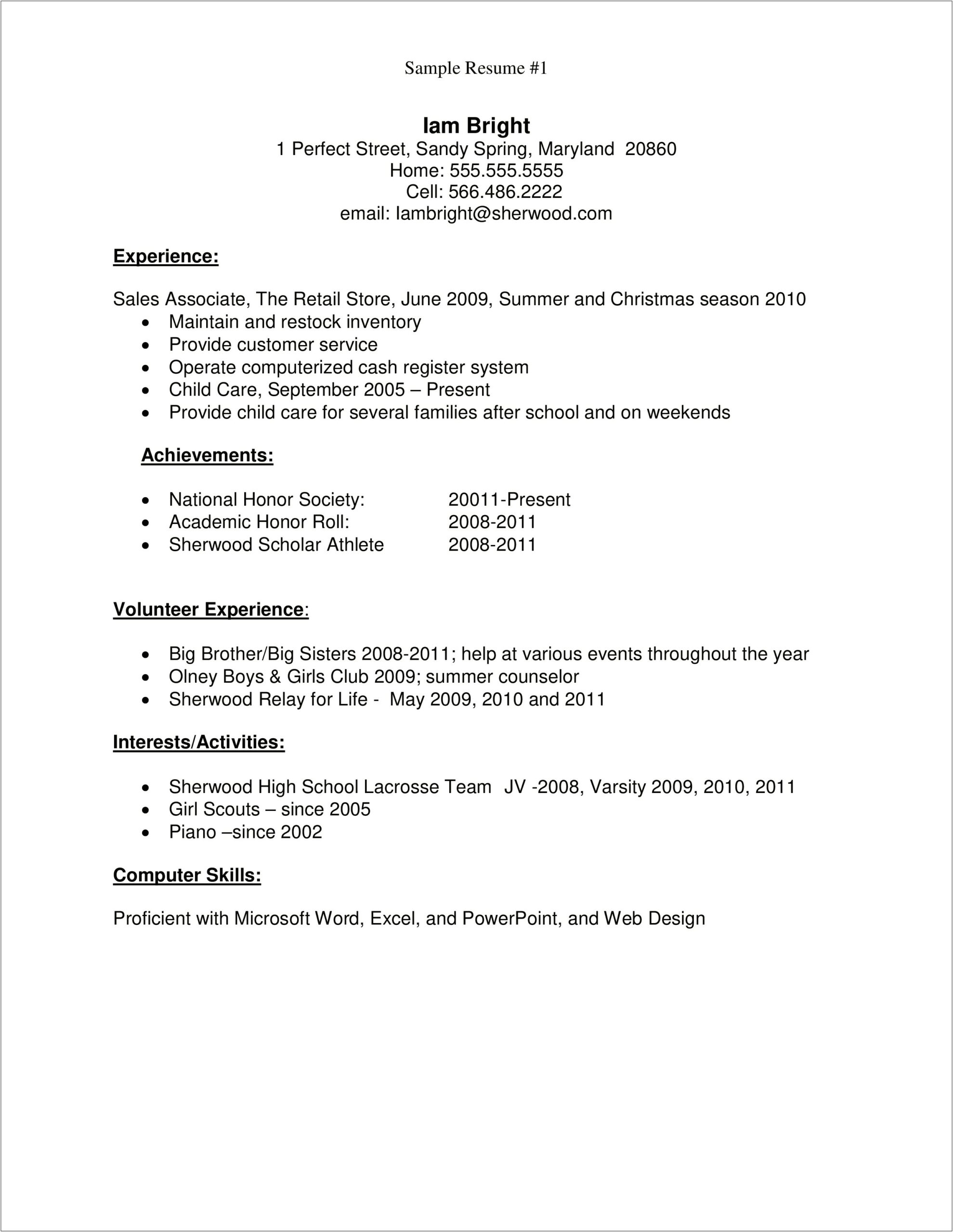First Resume Out Of High School Sample