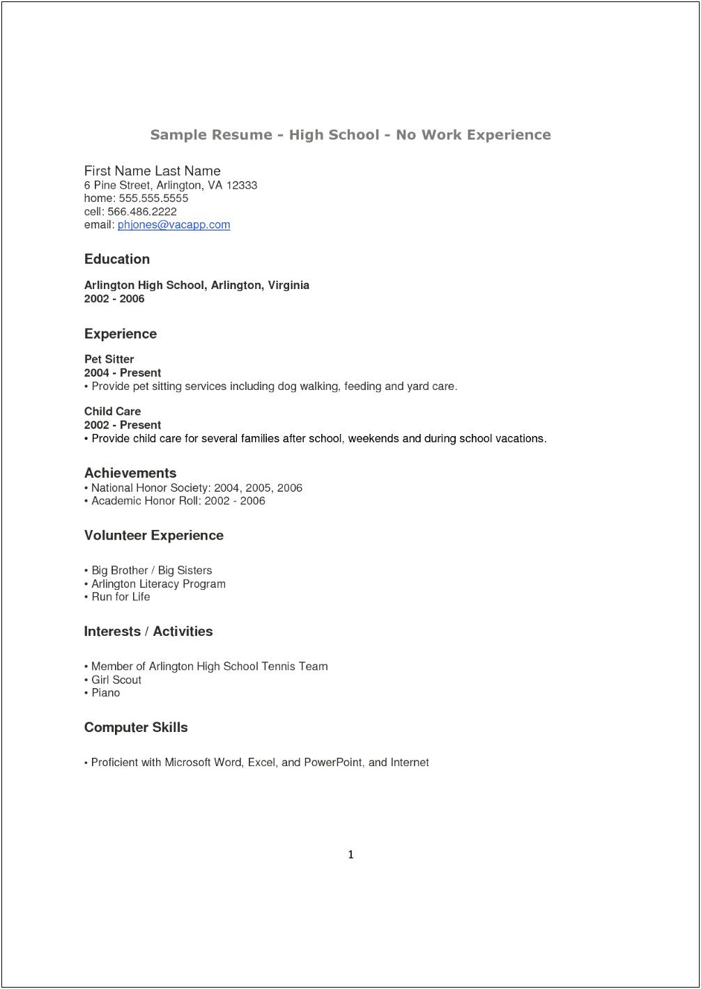 First Resume With No Experience Samples